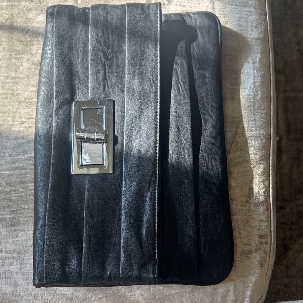 Expressions NYC Black Vegan Leather Pleated Foldover Clutch Bag Silver Turn Lock